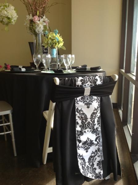 185-Black Polyester Overlays (54" x 54") @ $2/each.
250-Black/White Lamour Damask Chair Ties (108") @ $2/each.
58-Black Spandex Chair Band @$.50/each.

Chair Ties New Condition & Overlays/Bands Like New.

(Rhinestone Wrap Not Included w/Chair Band.)
