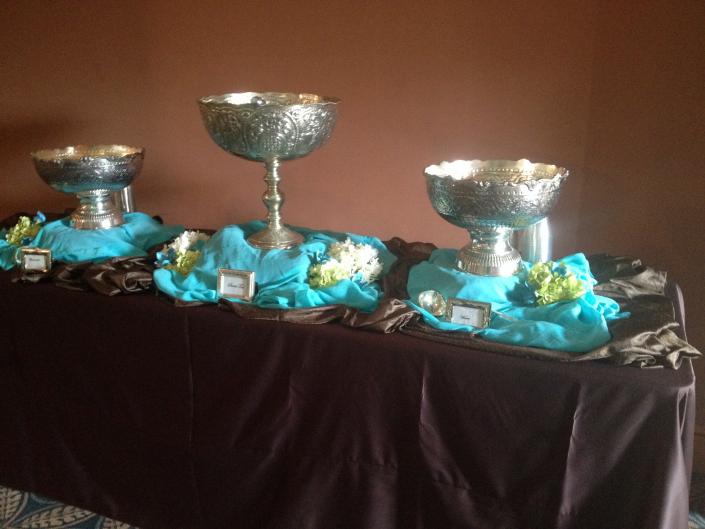 2-Set of 3 Silver-Plated Punch Bowls: Each Set Contains 2-3 Gallon Punch Bowls & 1-Footed 4 Gallon Punch Bowl. Like New Condition. (Florals & Table Cloths Not Included.)
$175.00 per set