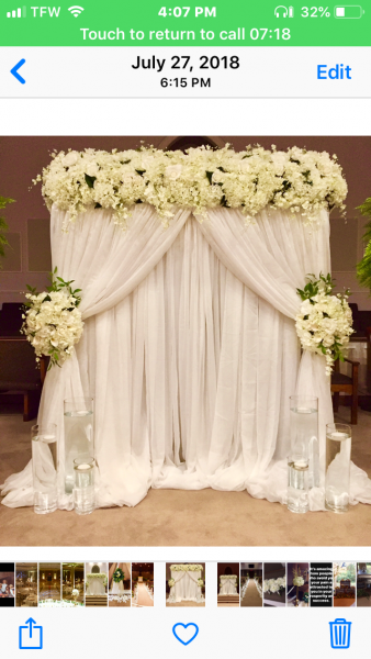 40-Voile (Sheer White) Draping Available measuring 120" W x 15' Long @ $25/each. (Two Drapes pictured.)

(Florals & Other Items Pictured Not Included.)