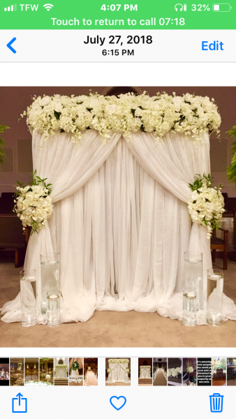 40-Voile (Sheer White) Draping Available measuring 120" W x 15' Long @ $25/each. (Two Drapes pictured.)

(Florals & Other Items Pictured Not Included.)