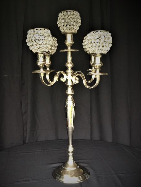 3-5 Arm Candelabras @ 32" for $85/each.

Heavy, High Quality Silver-Plated Metal.

Like New Condition.

