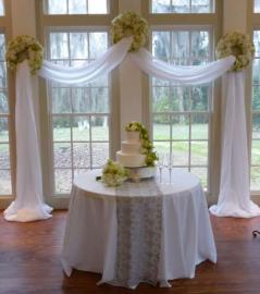 40-Voile (Sheer White) Draping Available measuring 120" W x 15' Long @ $25/each. (Two Drapes pictured.)

40-Silver Diamond Sequin Runners measuring 108" L @ $5/each.

(Florals & Other Items Pictured Not Included.)